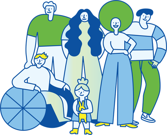 Illustration: people standing together, including a wheelchair user